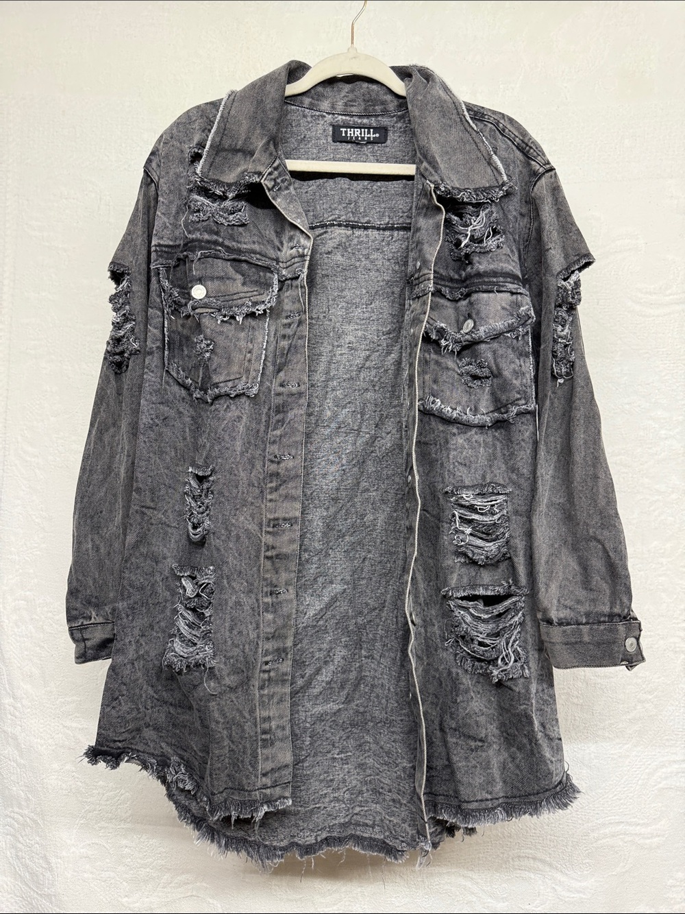 Thrill Washed Black Distressed Denim Shacket